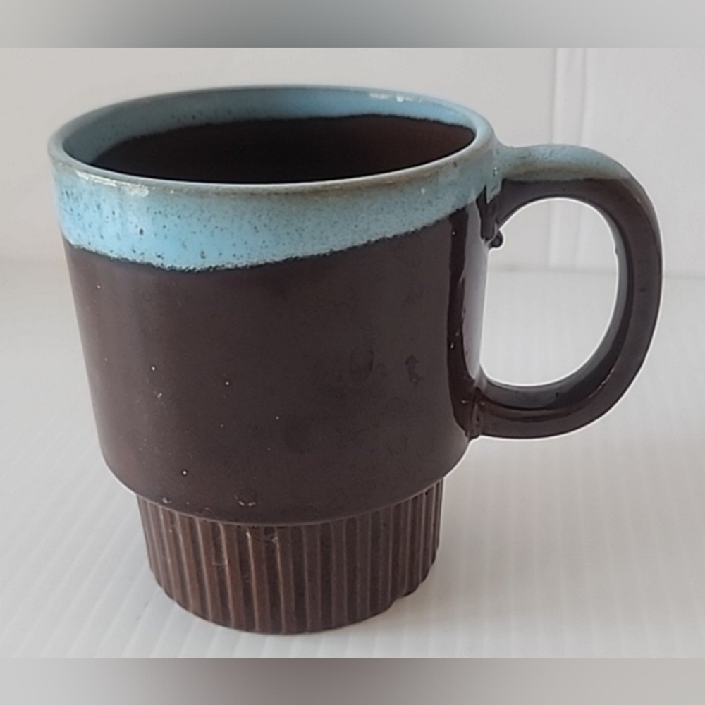 VTG Japan Pottery Stackable Coffee Mug cup Brown Blue glazed Retro